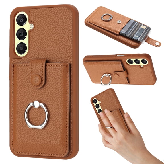 Compatible with Samsung Galaxy A54 5G Wallet Phone Case,360°Rotation Finger Ring Holder Kickstand,with Card Holder,Lychee Pattern PU Leather Durable Shockproof Rugged Phone Case,Brown