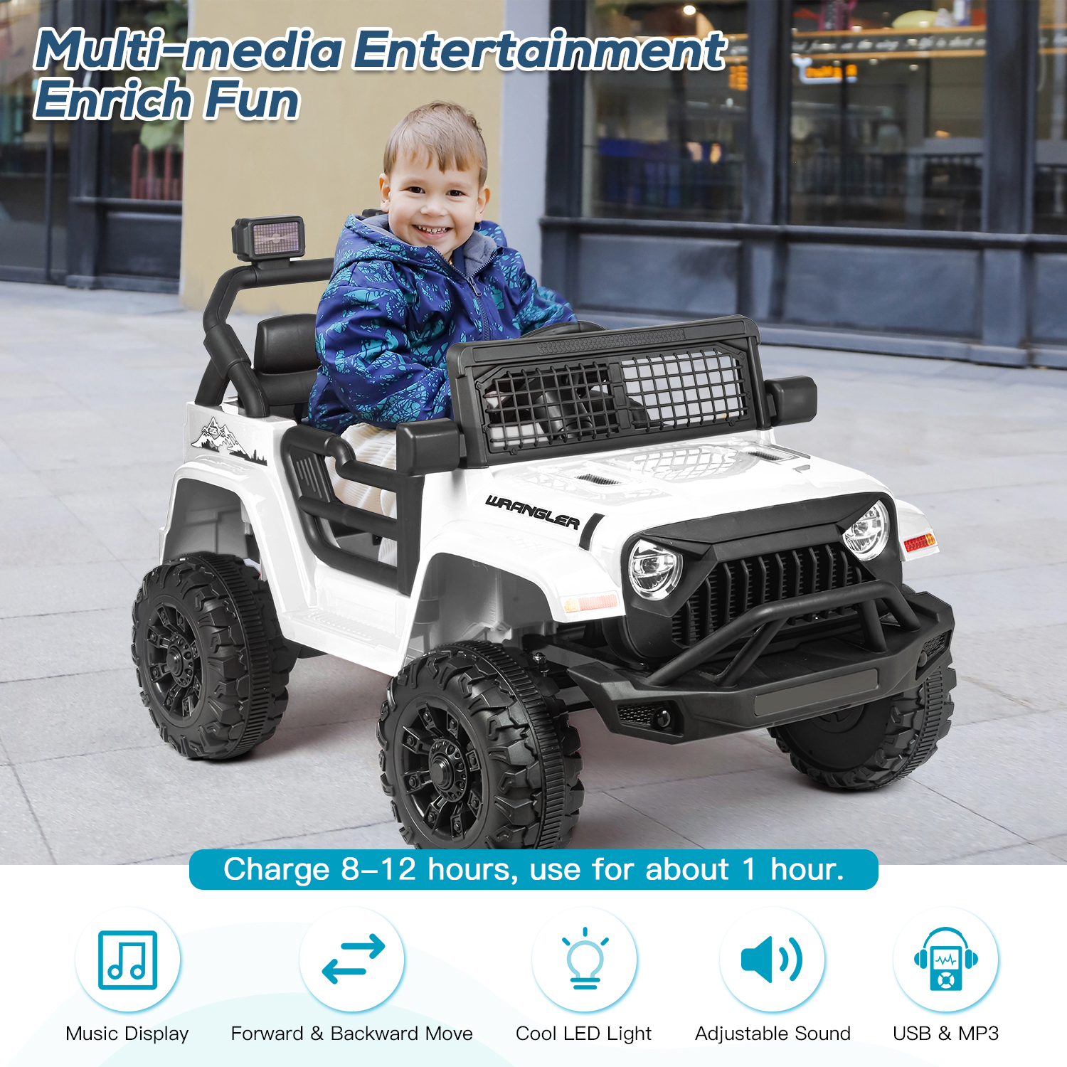 Erinnyees Ride on Jeep Car 12V Kids Electric Vehicles with Parent Remote Control, Safety Belt,Forward and Reverse Functions,Battery Powered,Spring Suspension,Music and Lights-White