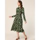 thumbnail image 2 of Vestido midi fluido informal con cinturón y manga larga con cuello de pajarita y estampado floral para mujer Verde oscuro-Floral XS, 2 of 5