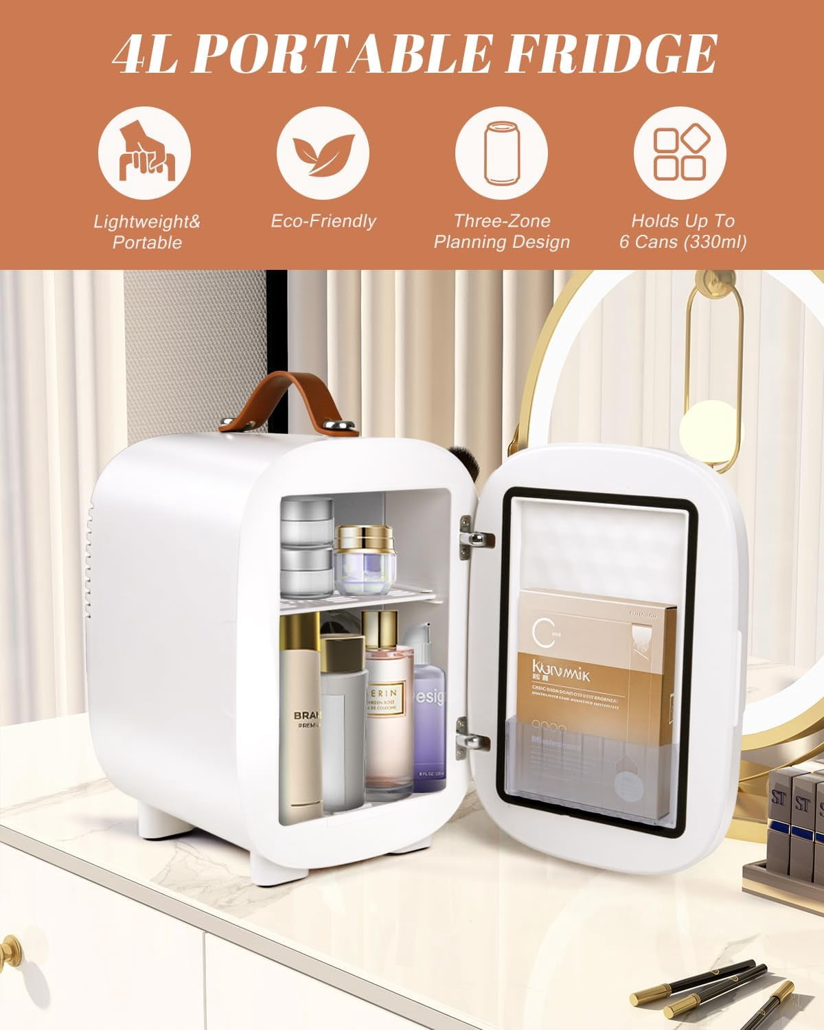 Fridge for Bedroom, 4 Liter Skincare Cooler with LED Mirror, Portable  Refrigerator for Drinks Makeup Dorm Office Car