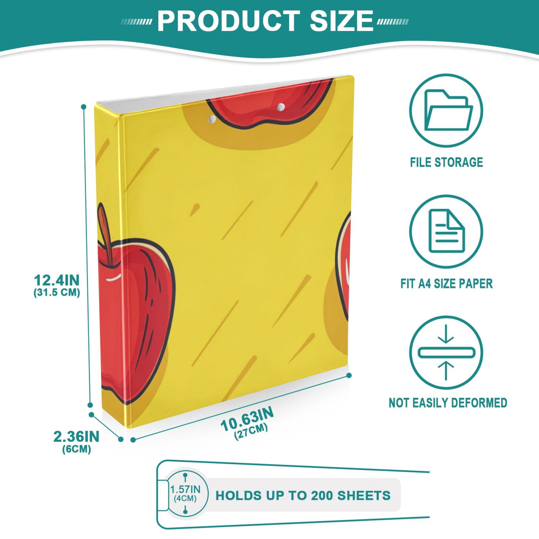 Apples in Yellow 3 Ring Binders 1.5 inch Hardcover File Folders with Interior Pockets A4 Size Organizer for School Office Hospital Set of 2