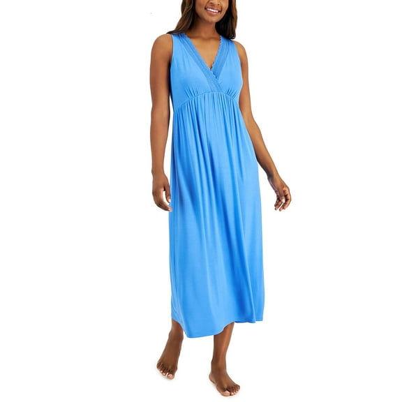 Charter Club Lace-Trim Long Nightgown Blue S