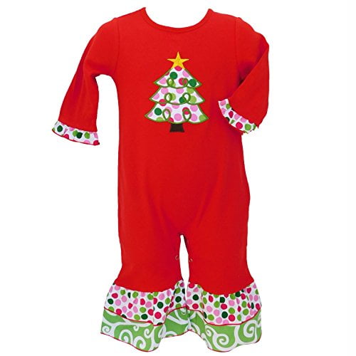 AnnLoren Boutique Baby Girls Christmas Romper Red Polka Dot Tree Infant Holiday Onesie Toddler Clothing (6_months)