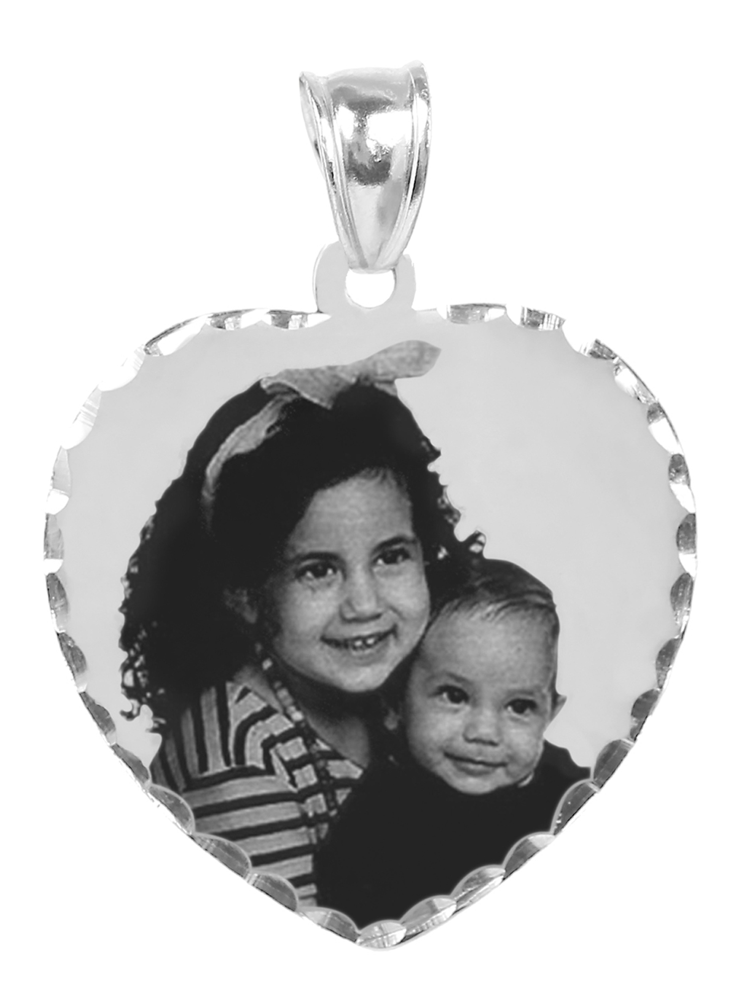 Personalized Black and White Photo Heart Shaped Charm with Diamond Cut Border