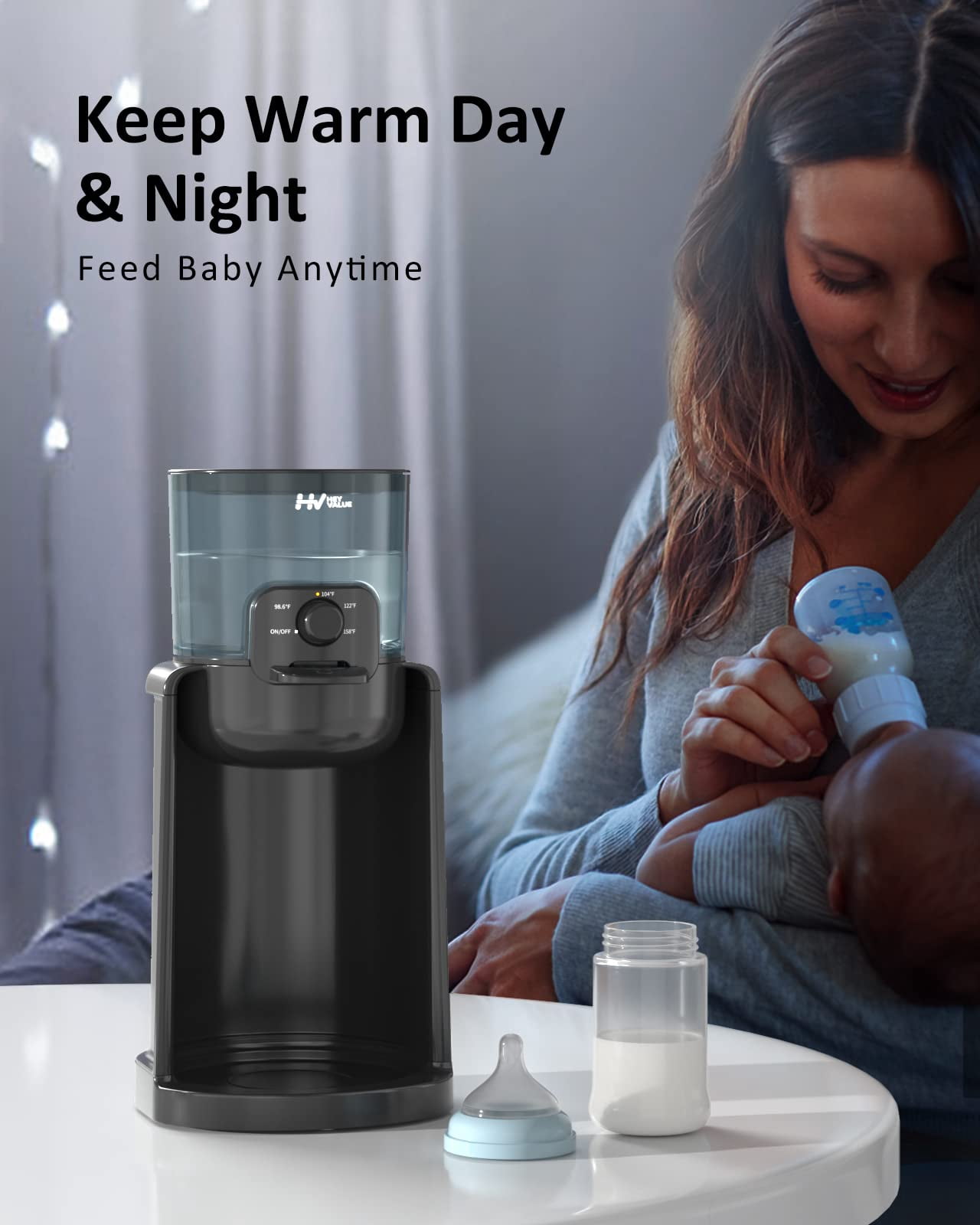 HEYVALUE Instant Water Warmer, Baby Bottle Warmer, Formula Dispenser, 72H Keep Warm, 4 Temperature Options, Night Light