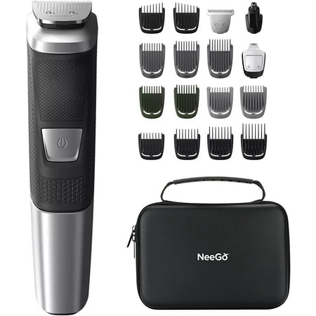 Philips Multigroomer All-in-One Trimmer Series 5000, 18 Piece Mens Grooming Kit, for Beard Face, Hair, Body Hair Trimmer for Men, No Blade Oil Needed, NeeGo Case