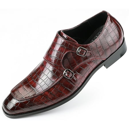 Santimon Men Dress Double Monk-straps Shoes Crocodile Pattern Slip On Casual Business Leather Shoes Red 8.5 US