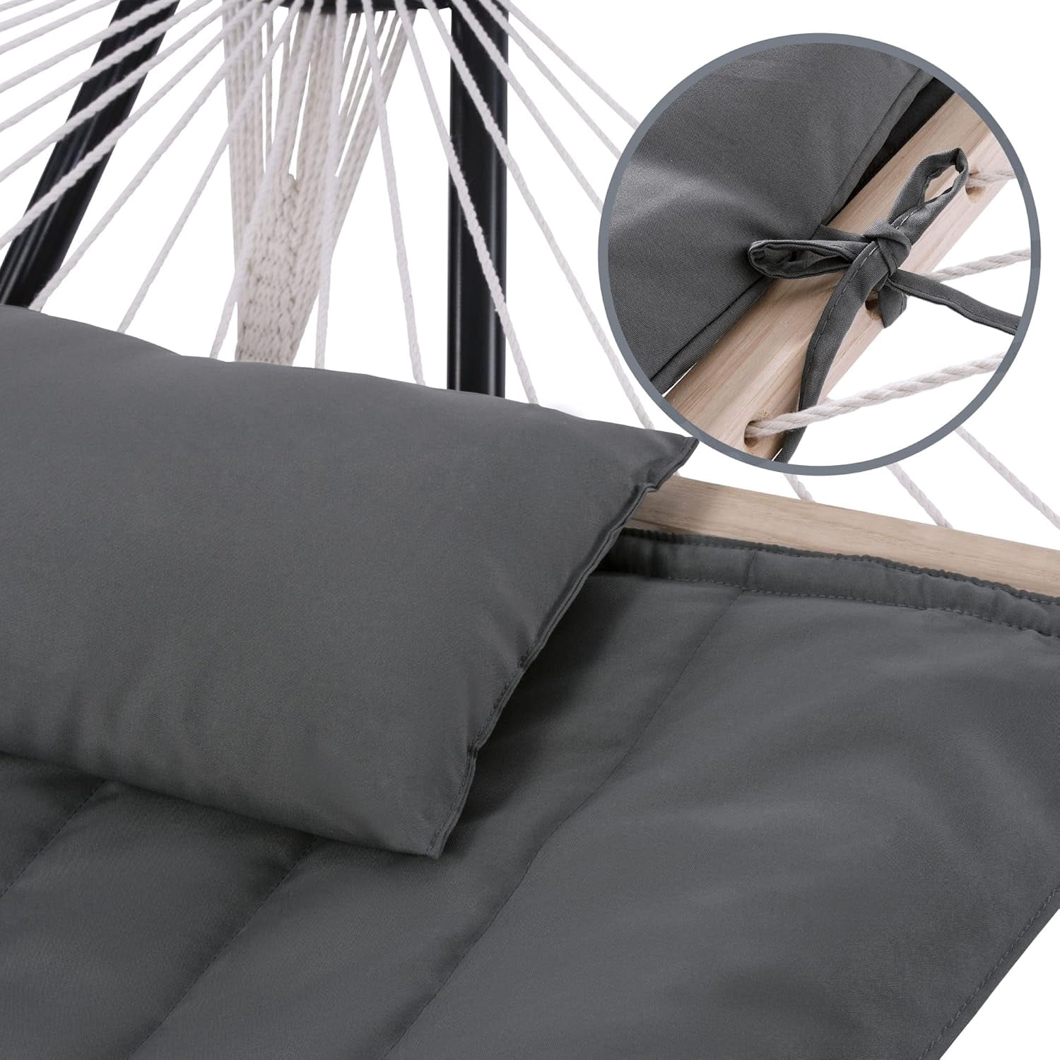 SUNCREAT Hammocks 2 Person Hammock with Hardwood Spreader Bar, Double Rope Hammock with Polyester Pad, Dark Gray