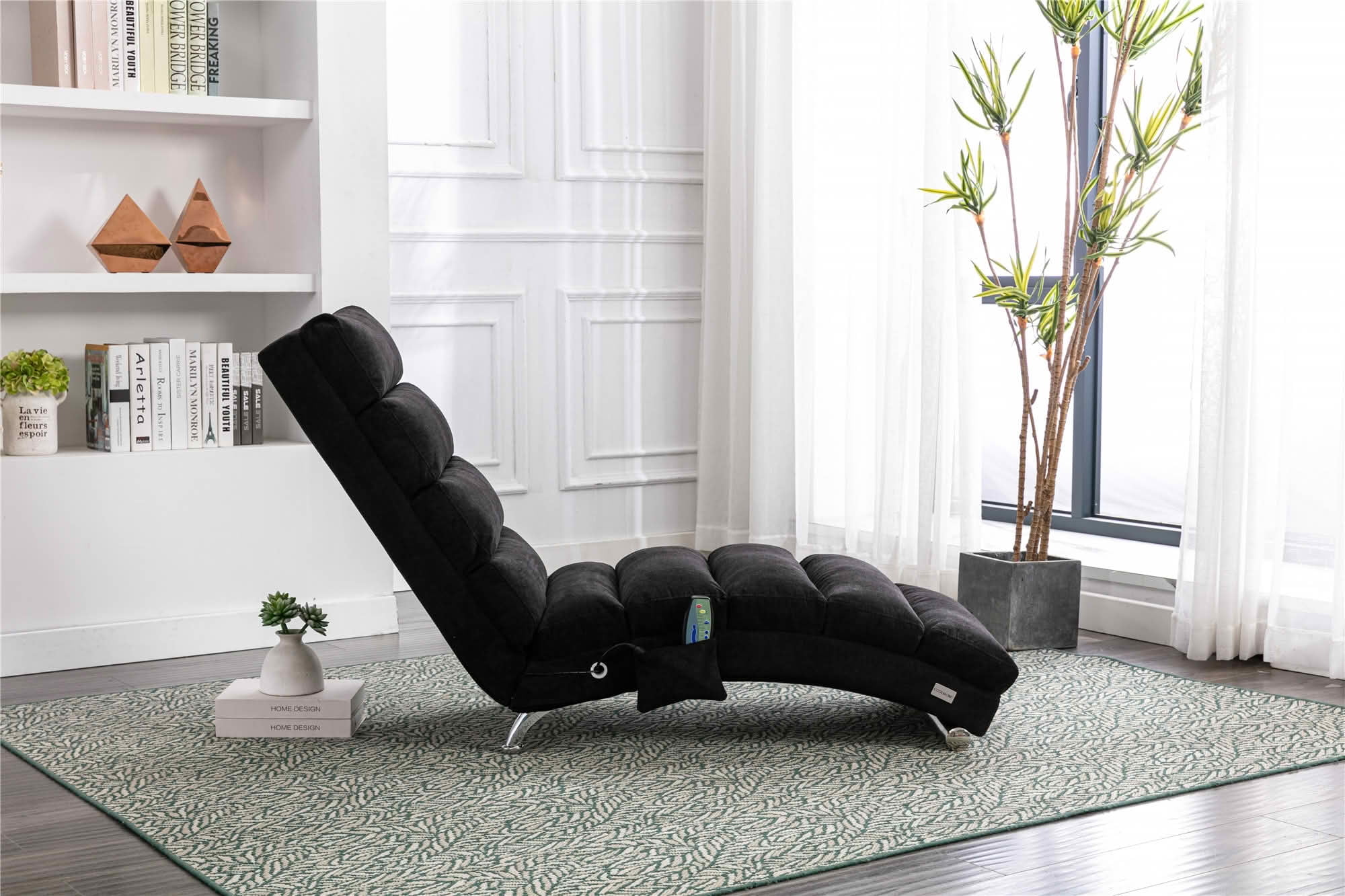 MAYEERTY Vibrating Upholstered Chaise Lounge Chair, Ergonomic Fixed Back Fabric Recliner Sofa with Side Pocket Remote Control for Living Room Bedroom