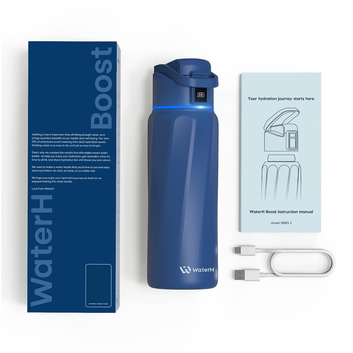 WaterH BOOST Stainless Steel Triple Wall Insulated Smart Water Bottle 32 oz. Magnetic Blue (B003MB)