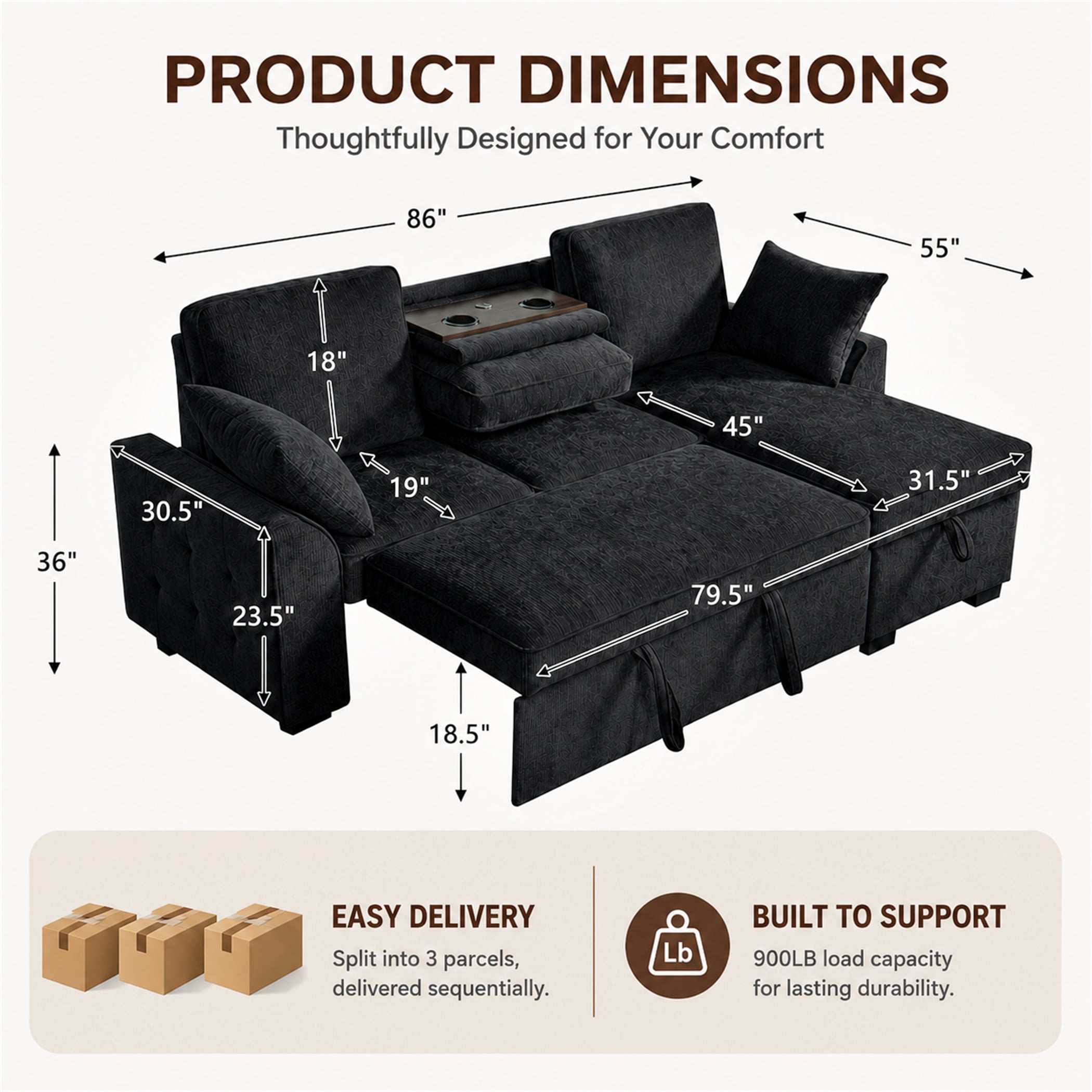 Aukfa 86" L-Shaped Convertible Sectional Sleeper Sofa Bed with USB & Cup Holders Console, Storage Chaise for Living Room, Chenille, Black Gray