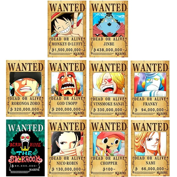 10pcs 28.5cm×19.5cm New Edition One Piece Pirates Wanted Posters, Straw Hat Pirates Crew Luffy Chopper Zoro Nami Usopp Sanji Jinbe Franky Brook Robin