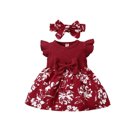 

2Pcs Baby Girls Outfit Romper Newborn Infant Dress Fly Sleeve Knitted Plaid Ruffle Jumpsuit+Headband Clothes Set Princess 3-24M