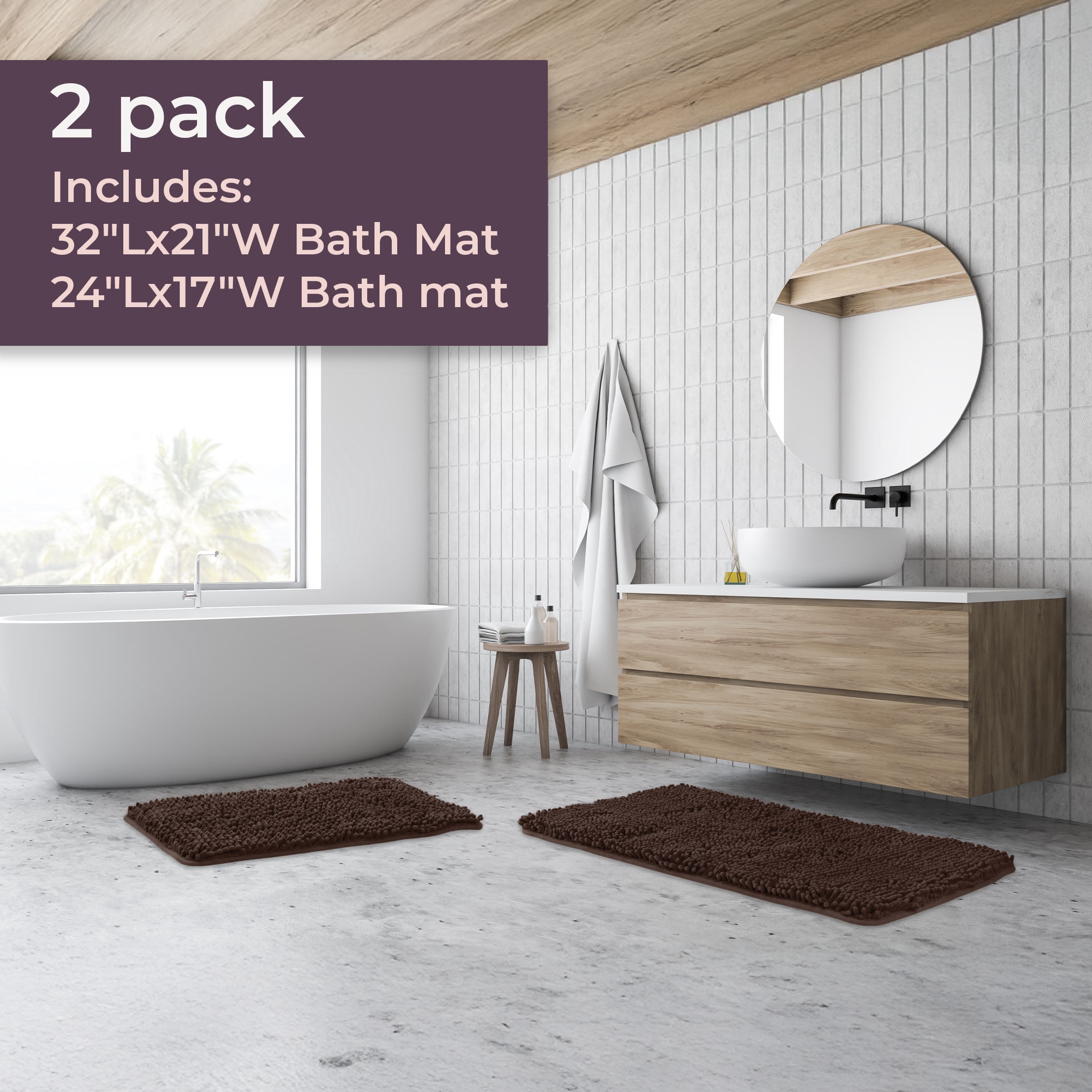 Lavish Home 2-Piece Chenille Memory Foam Bathroom Rugs Set, Chocolate