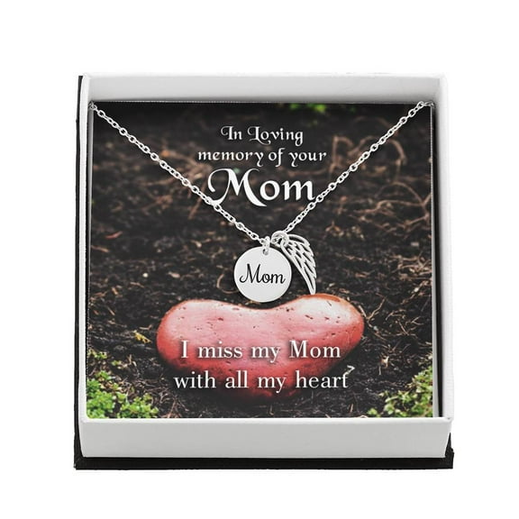 I Miss My Mom Mom Remembrance Necklace Angel Wing Charm, Stainless Steel 18-22'' Chain