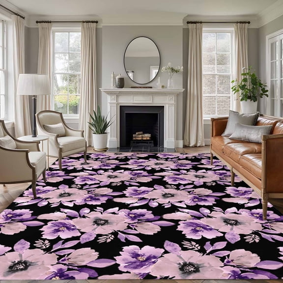 Purple Floral Area Rugs 5'x7', Washable Small Throw Rugs for Laundry Room Playroom, Abstract Watercolor Flower Leaf Plant Indoor Outdoor Rug Non-Slip Low Pile Carpet Runner Reversible Floor Mats