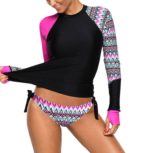 Gibobby Conjunto de Bañador Sexy Conjunto de traje de baño de 2 piezas con parte superior de sarpullidos de manga larga para mujer(C,G)