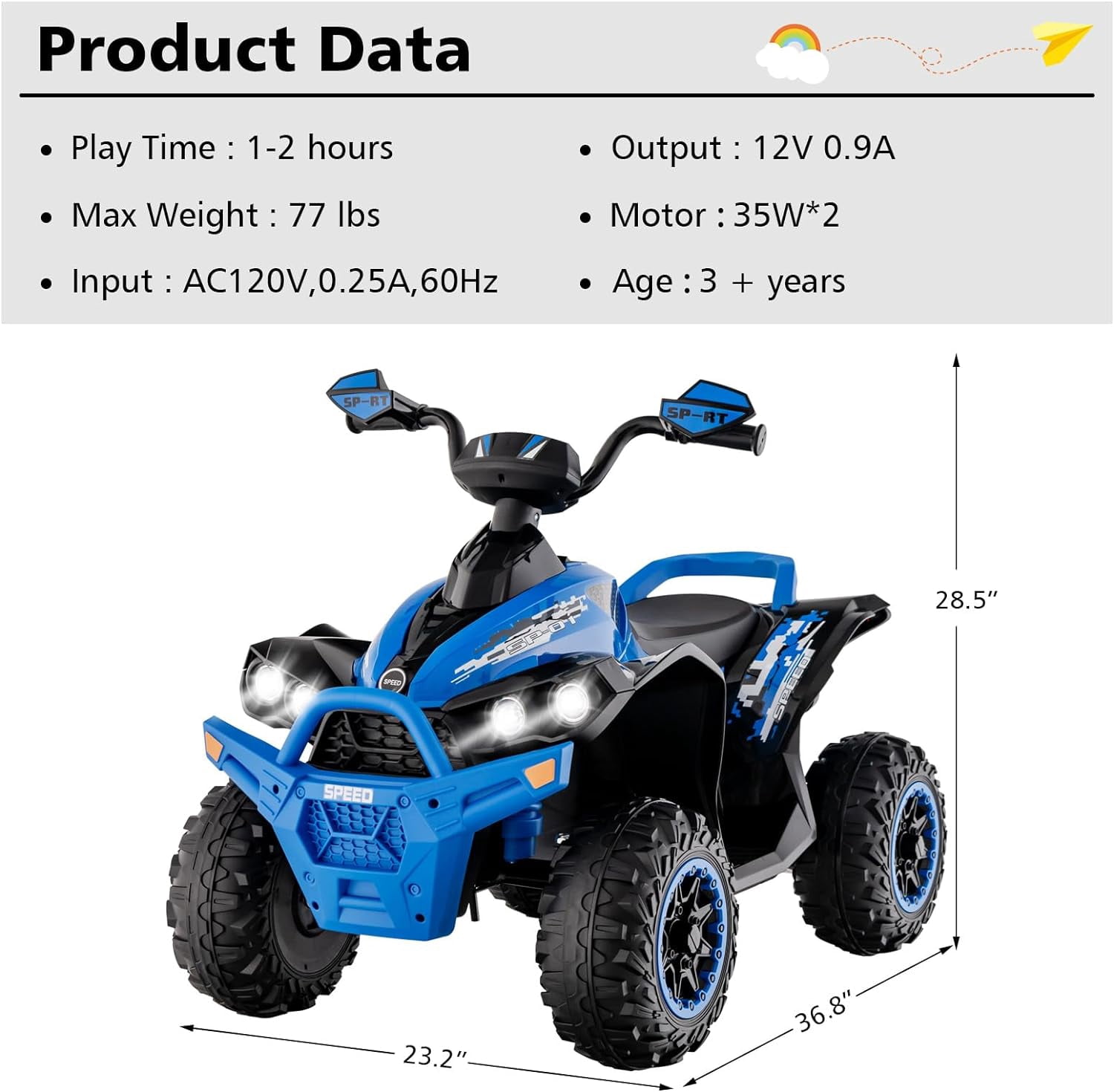 OLAKIDS Kids Ride on ATV, 12V 4 Wheeler Quad Toy Vehicle with Music, Horn, High Low Speeds, LED Lights, Electric Ride On Toy, Battery Powered Wheels Car for Children 3-8 Years Old