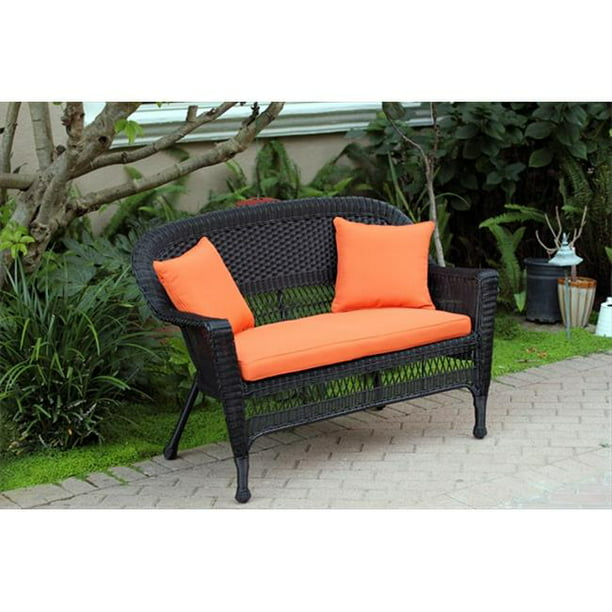 Jeco W00207-L-FS016-CL Black Wicker Patio Love Seat With Orange Cushion