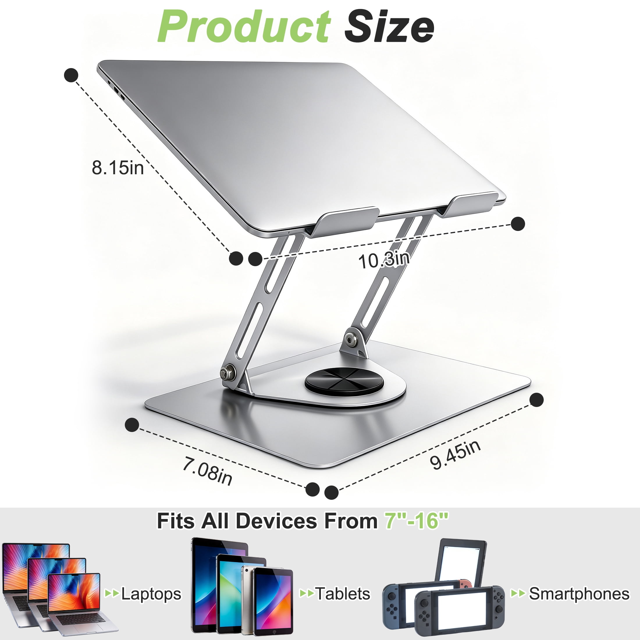 GARITIN 360° Rotating Laptop Stand for Desk, Height Adjustable Metal Ergonomic Laptop Riser with Swivel Base, Foldable Ventilated Computer Stand for Desk Home Office