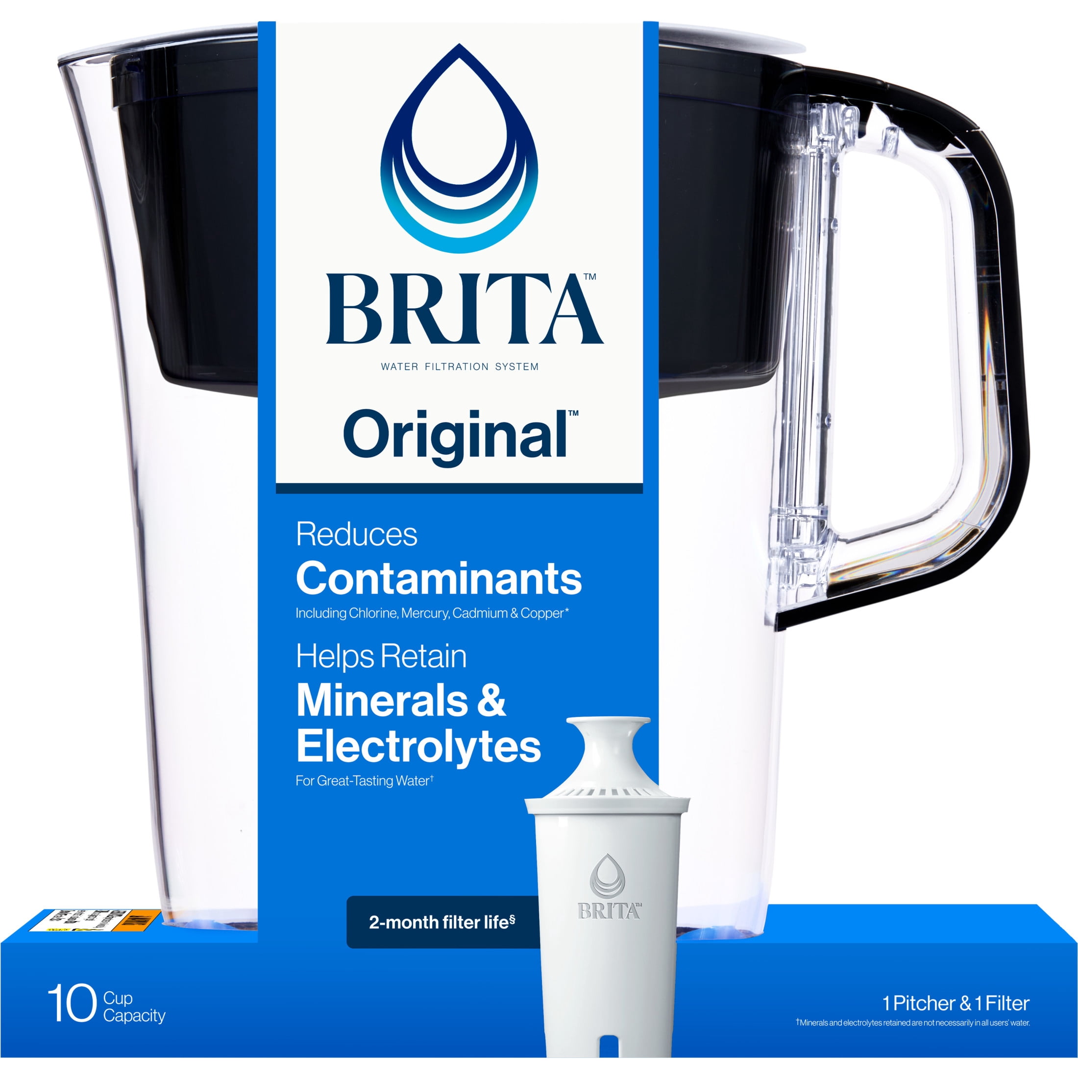 Brita 10 Cup Large Plastic Water Filter Pitcher, Black, BPA Free with 1 Standard Brita Filter