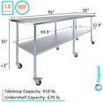 thumbnail image 3 of AmGood 96" Long x 30" Deep Stanless Steel Work Table with Casters | Mobile Metal Table, 3 of 9
