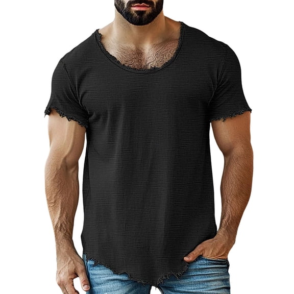 Curuila Tops For Men Solid Color Crew Neck Short Sleeve Breathable Fashion Comfort Tee Black Size L
