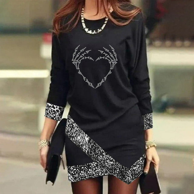 Printemps 2024 Femmes Mode Mini Robe Étoile Imprimé O-Cou Manches Longues Asymétrique Élégant Simple Robe Femmes Parti Nouveau Streetwear