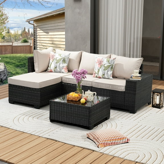 JOYURE 5 Pieces Patio Furniture set All-Weather Outdoor Wicker Sectional Conversation Sofa Rattan patio seating sofa with cushion and Glass Table and Ottoman for Porch Poolside,Beige