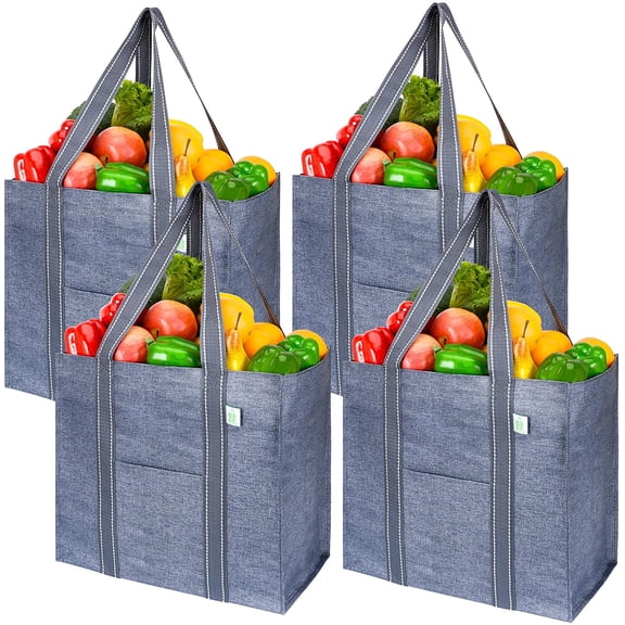 VENO 4 Pack Reusable Grocery Shopping Bag w/Hard Bottom, Foldable, Multi-Purpose Heavy-Duty Tote, Daily Utility Bag, Stands Upright, Sustainable (Gray)