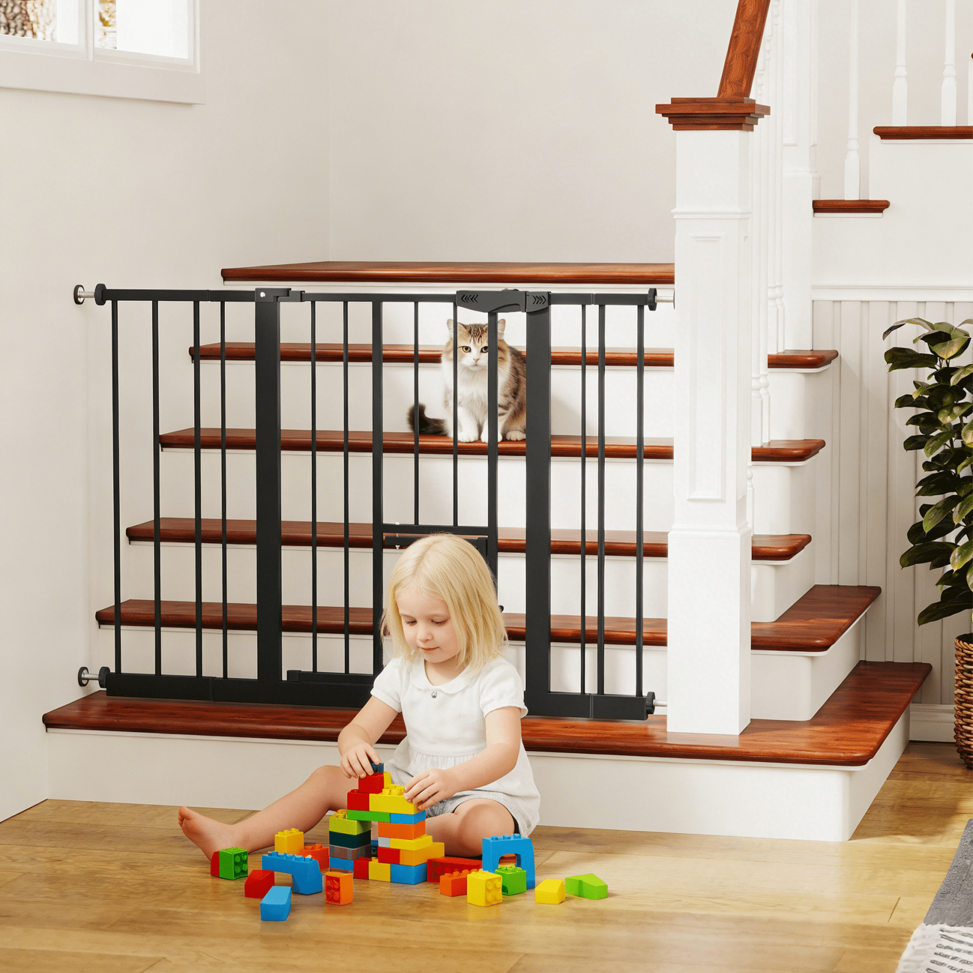 Black Pressure Mounted Baby Gate with Built-in Small Cat Door, 29.5"-44.1" Wide No Drill Metal Safety Gate for Stairs Doorways Kids & Pets