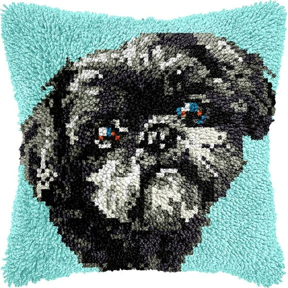 Shih Tzu Latch Hook Pillow Kits DIY Pillowcase Cushtion Cover Crochet Hooking Pillow Making Kits with Color Pattern Canvas Crochet Hooking Kits Pillow 43x43cm(b208)