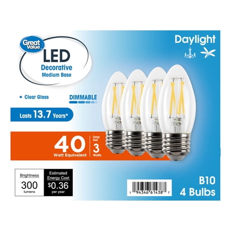 Great Value LED Light Bulb, 3W (40 Watts Equivalent), B10 Deco Lamp, E26 Medium Base, Dimmable, Daylight, 13yr, 4 Pack