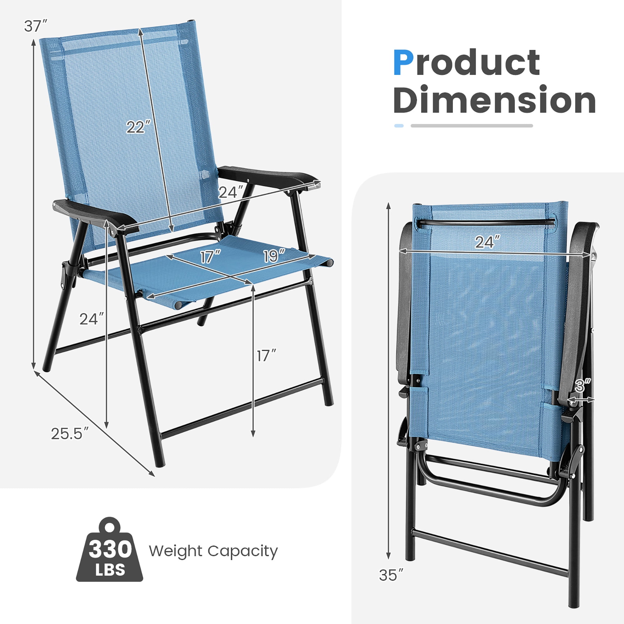 Gymax Patio Metal Outdoor Cozy and Breathable Folding Chairs, Blue "1 Set of 2"