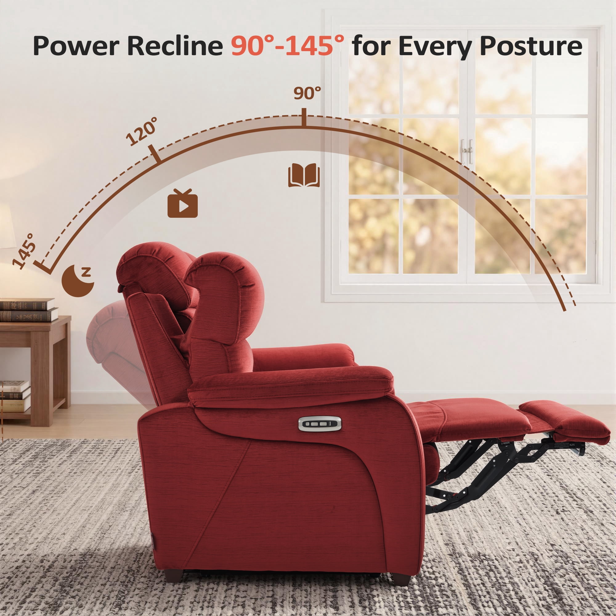 MCombo Zero Wall Hugger Power Recliner Loveseat for Living Room, RVs, Small Spaces, Fabric, Burgundy