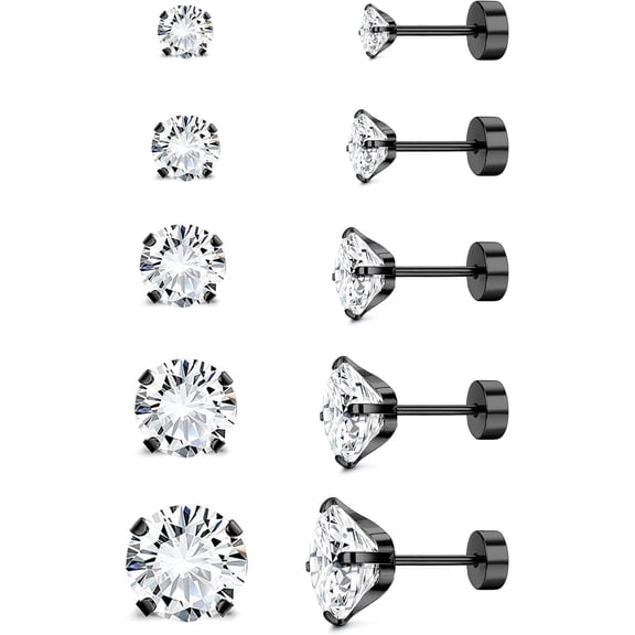 Screw Back Stud Earrings Set 20G Titanium Steel Cartilage Piercing Jewelry for Women Men Sensitive Ears CZ Tragus Helix Flat Back Earrings Stud Black