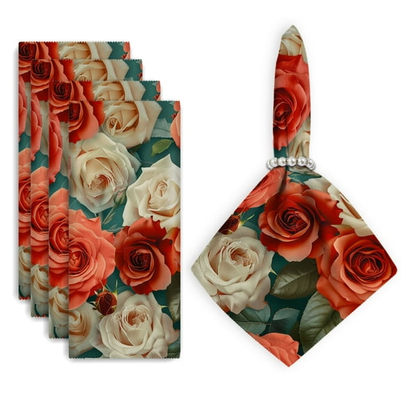 Bahomeck Cloth Napkins Set Of 4,18*18 Inch Washable Polyester Napkins Dining Table Napkins Weddings Party Dinner Parties(Red And Cream Roses With Green Leaves On The Background)