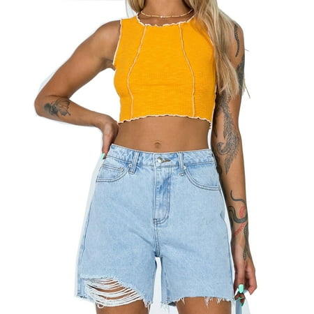 

CYMMPU Women Clothing Women s Streetwear Cropped Tank Sexy Bustier Summer Shirts Sleeveless Patchwork Tank Cami Vest Slim Fit Crop Tops Yellow