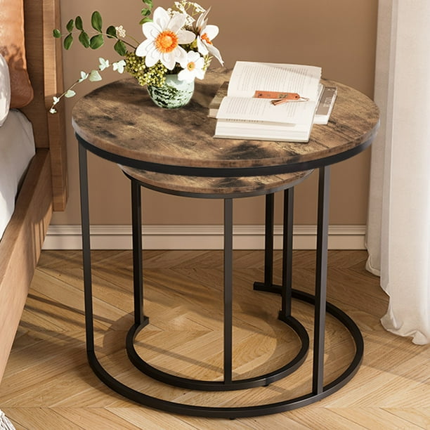 Conjunto de 2 Mesas de Centro Redondas Marrón Antiguo - Ideal para Embellecer tu Hogar o Espacio Pequeño HOMEMAKE FURNITURE Industrial Retro