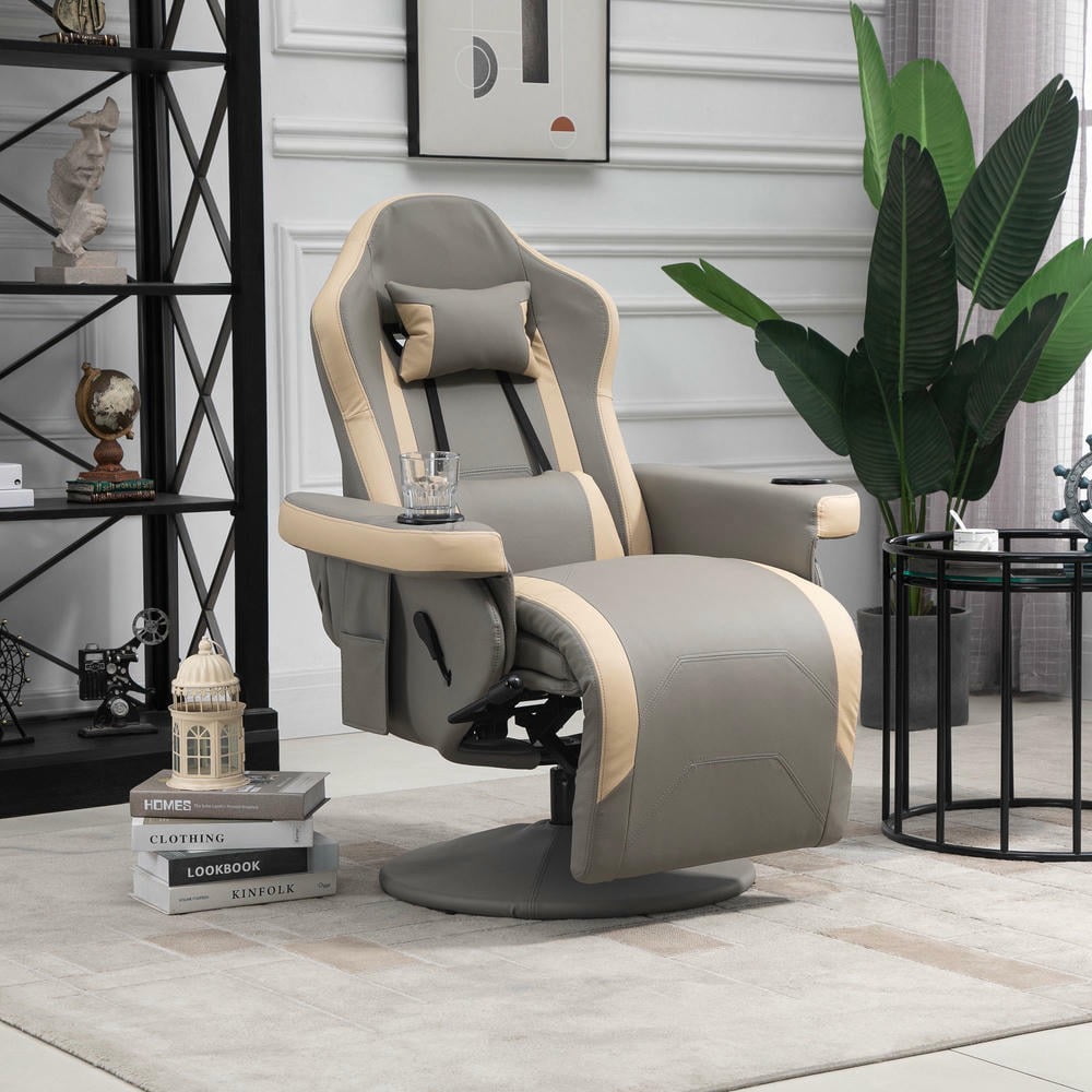 GVN Modern Recliner Chair, Manual Recliner Armchair PU Leather Lounge Chair w/ Cup Holder and Storage Pocket