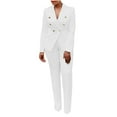 thumbnail image 2 of Woman'S Two Piece Business Suits V-Neck Solid Color Button Fashion Fallow Long-Sleeved And Wide Leg Trousers Suits White M, 2 of 6