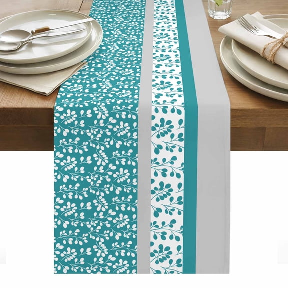 Teal Floral Table Runner - 108 Inch Long, Kitchen Dining Table Runner Dresser Scarves, Botanical Blossom Motif Boho Grey Stripes Farmhouse Decor for Coffee Tables Wedding Party Banquet