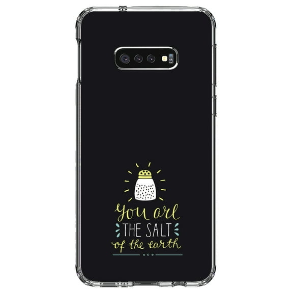 DistinctInk Clear Shockproof Hybrid Case for Samsung Galaxy S10e (5.8" Screen) - TPU Bumper, Acrylic Back, Tempered Glass Screen Protector - You Are the Salt of the Earth - Black Yellow