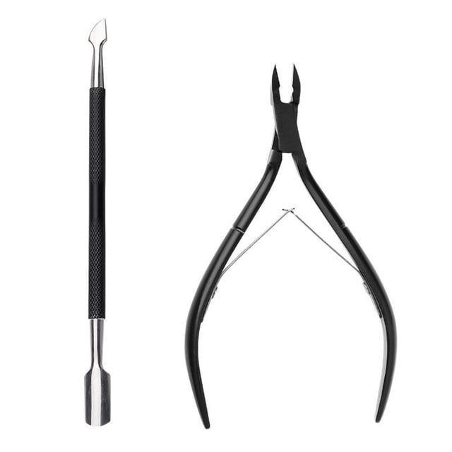 Pousse-cuticules Professionnel en Acier Inoxydable avec Coupe-cuticules. Comprend une Coupe-cuticules en Acier Inoxydable Noire, 10,8 cm (4,25 Po) de Longueur, et un Pousse-cuticules en Acier Inoxydable Noir, 13 cm (5,12 Po) de Longueur. Outils Professionnels pour Ongles Adaptés aux Ongles des Mains, des Orteils et des Ongles en Acrylique, Conçus pour Tailler Précisément les Cuticules et Pousser les Peaux Mortes. Ensemble de Soins des Cuticules Durable et Ergonomique pour la Toilettage des Ongles.