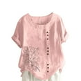thumbnail image 2 of Fengqque Womens Shirts Short Sleeves Round Neck Button Print Pullover T-Shirt Blouse Plus Size Tops Pink-B M(M), 2 of 5