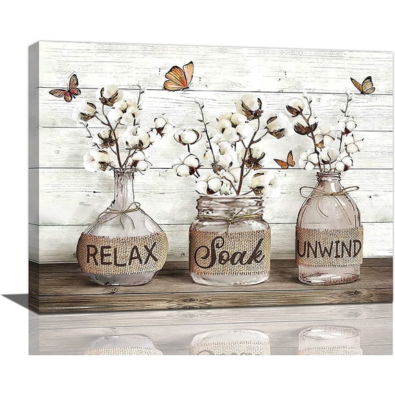 Farmhouse Bathroom Decor Wall Art - Rustic Cotton Mason Jar Canvas Print, Relax Soak Unwind Sign, Country Style Bathroom Pictures, Modern Home Decor for Bathroom, Laundry Room & Bedroom, Framed & Rea