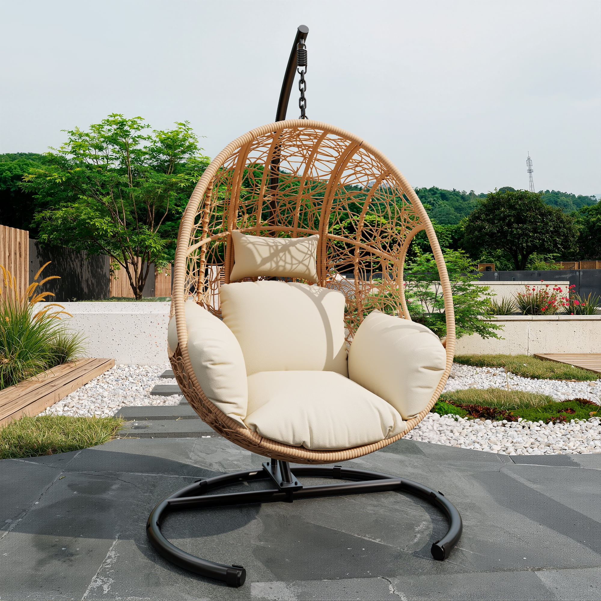 avobird 42" Wide U-Base Hanging Egg Chair, Patio Swing with 8-Inch Cushion Weatherproof PE Rattan & Waterproof Cover, Suitable for use in outdoor gardens and on balconies, Natural-2