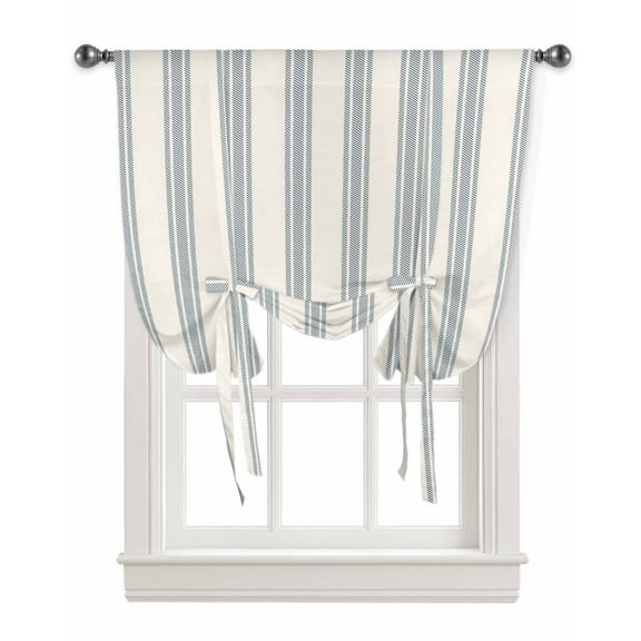 Blue Striped Tie Up Curtains for Window, Modern Stripes Farmhouse Thermal Insulted Balloon Shade Adjustable Rod Pocket Curtains Valance Panels for Kitchen Bathroom Café 34 x 45