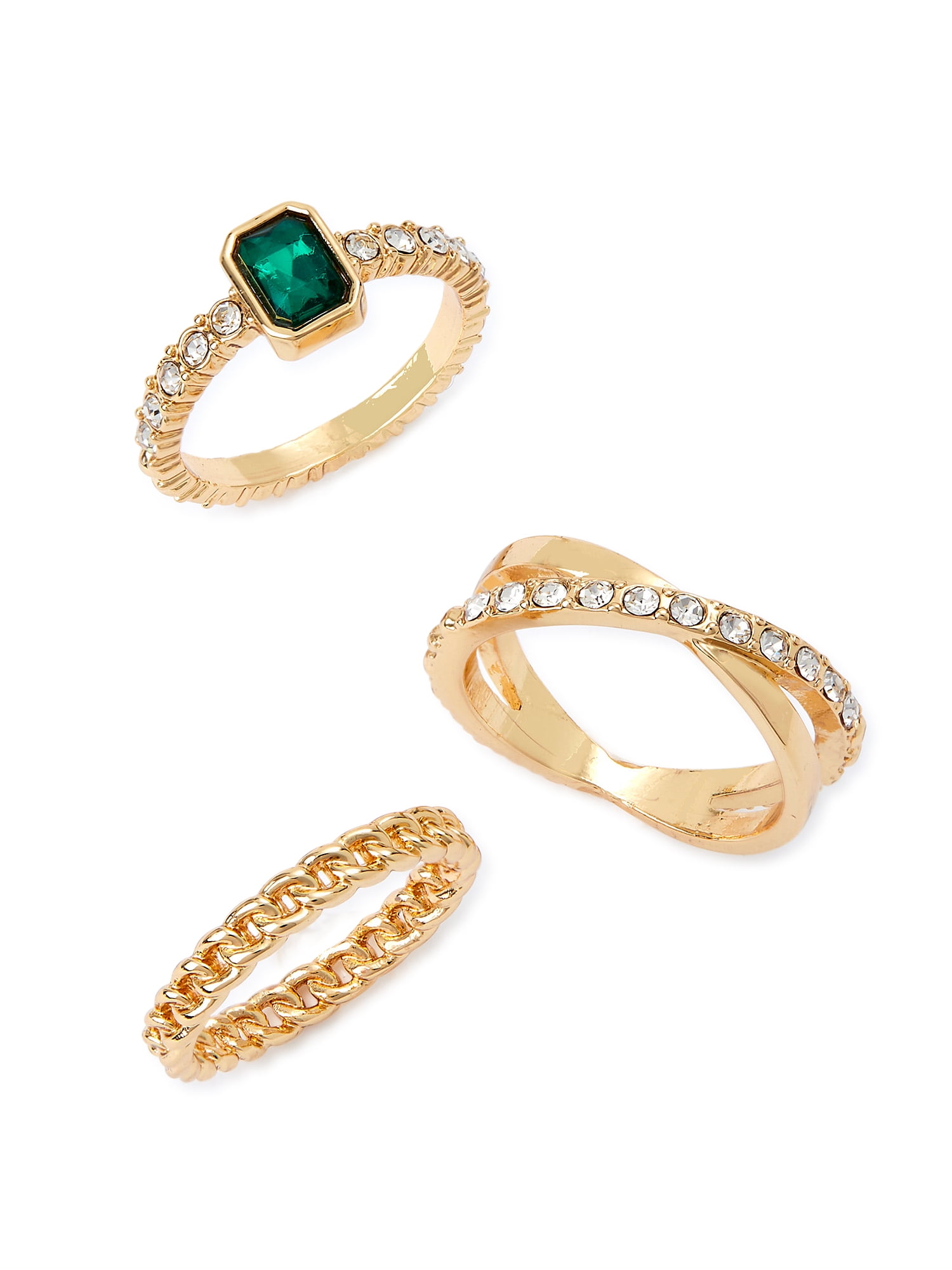 Sofia Jewelry by Sofia Vergara brand Women's Gold Tone Green Stone 3 piece Rings Set, Size 6, 7, 8, All Occasion