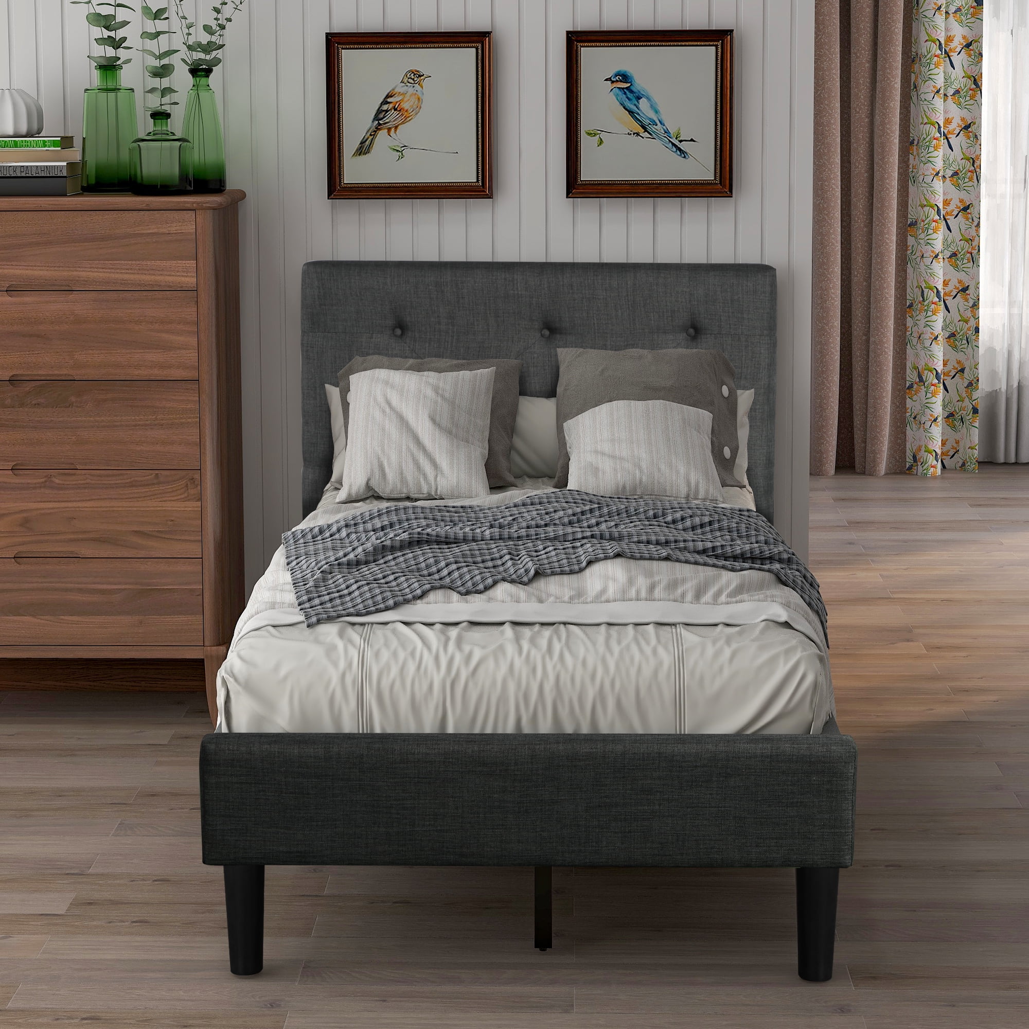 Private Jungle Platform Beds, Twin Size Bed Frame with Headboard, Gray Private Jungle Platform Beds, Twin Size Bed Frame with Headboard, Gray